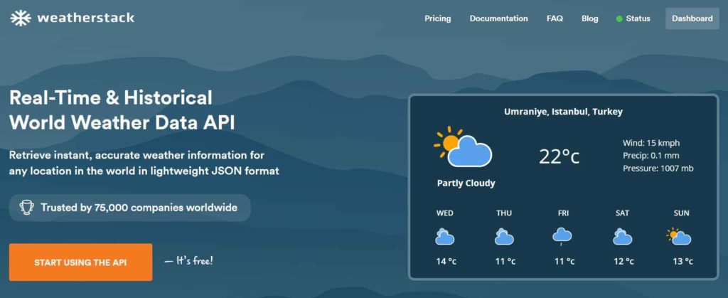 homepage of the weatherstack weather data api