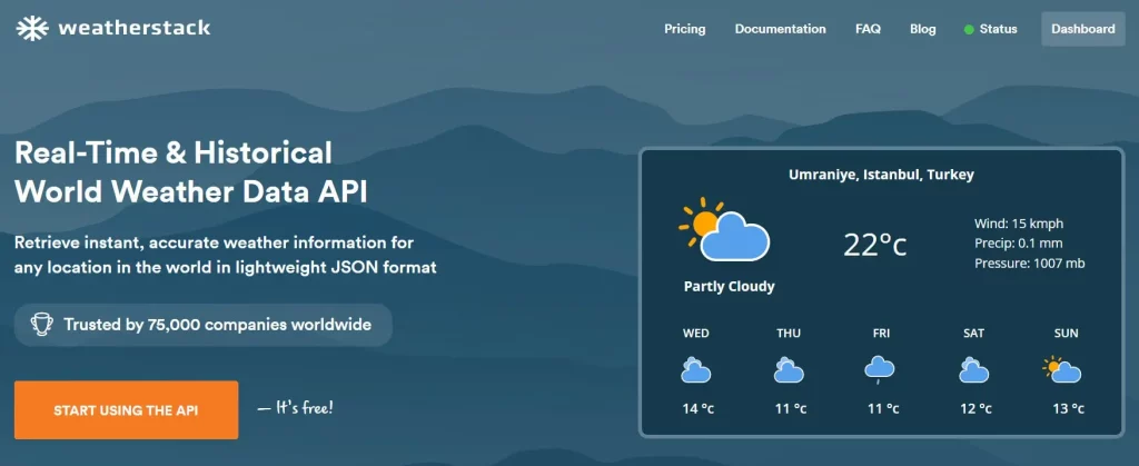 home page of the weatherstack weather data api
