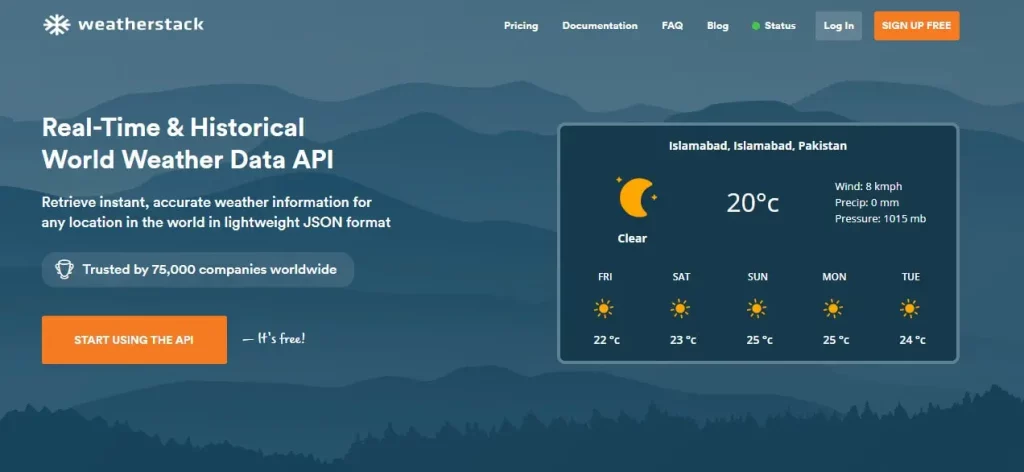 homepage of weatherstack api