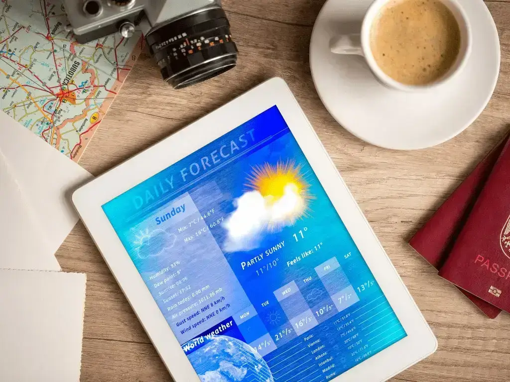 ipad showing daily forecast and historical data through a real time weather data api