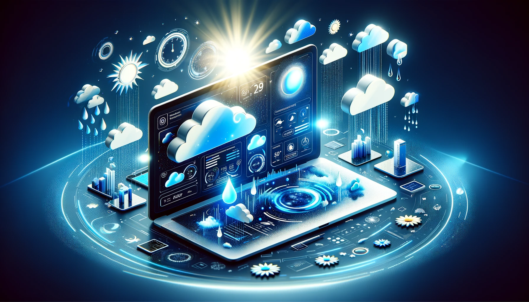 Modern computer screen displaying a weather API interface, with dynamic background elements like clouds, sun, and raindrops, in blue and white tones, symbolizing the integration of weather technology and forecasting for an article on the best practices in weather API development.