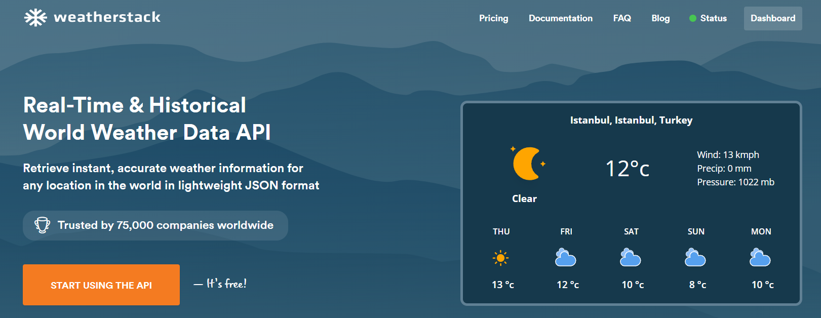 home page of the weatherstack retail weather forecast api