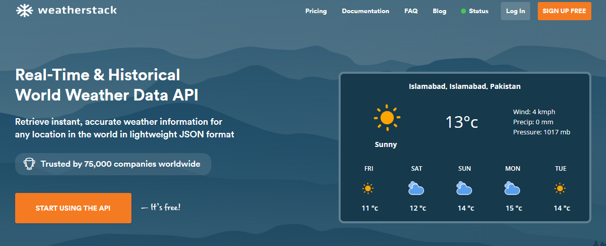 weatherstack weather API homepage
