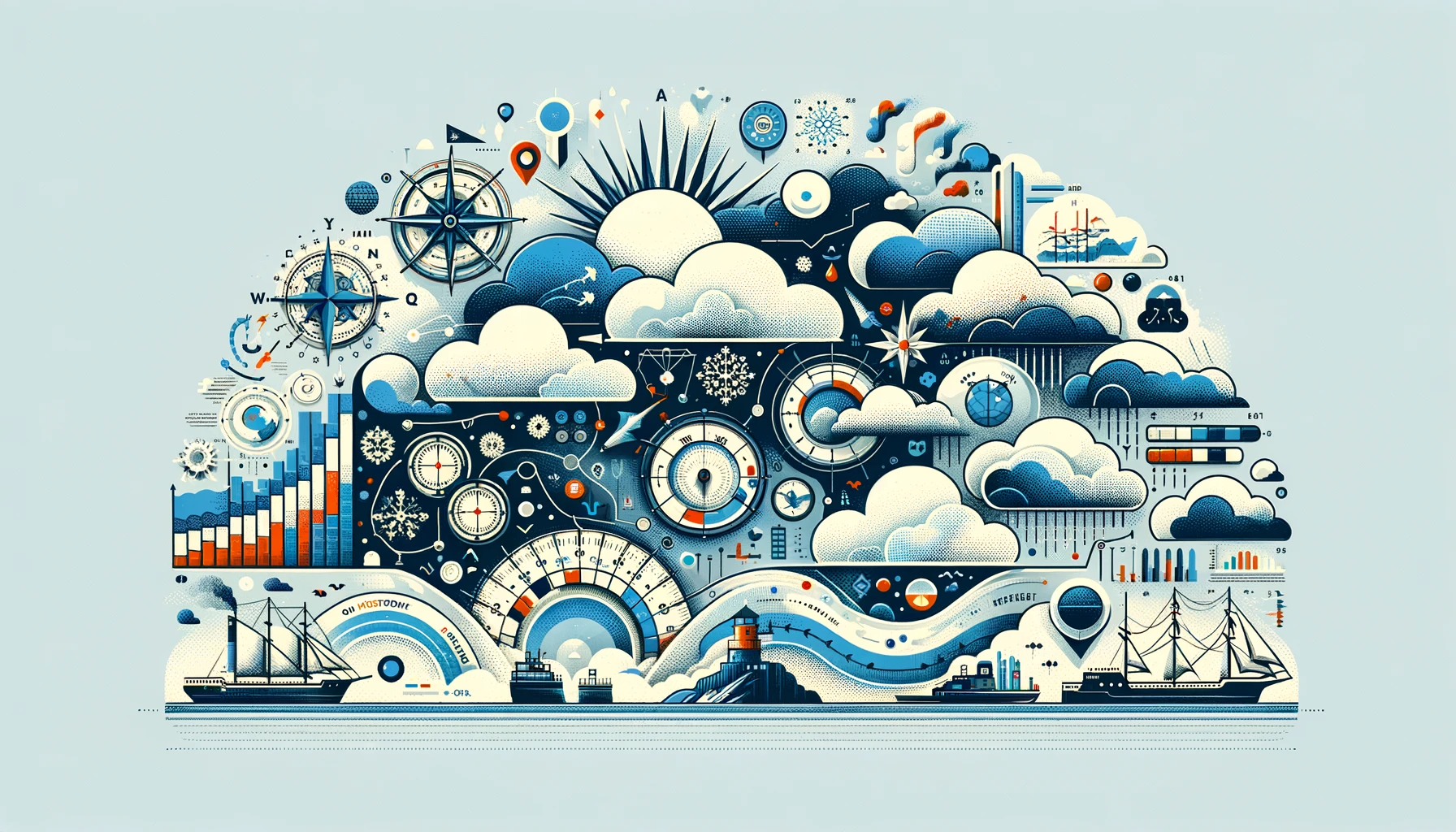 An intricate banner illustrating the convergence of meteorology and data analysis, featuring stylized weather symbols such as clouds, rain, and the sun, interwoven with vintage navigational tools, charts, and graphs against a palette of Weatherstack's blues, whites, and red accents, highlighting the significance of historical weather data in strategic planning and decision-making.