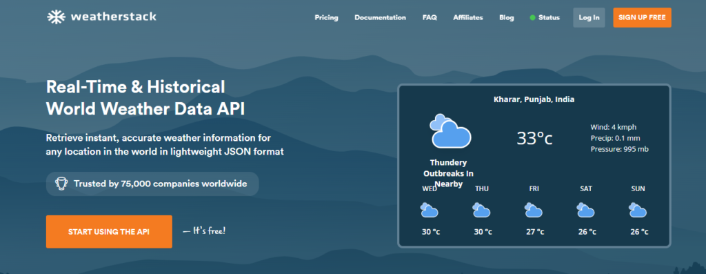 Weatherstack API Homepage for real time and historical data