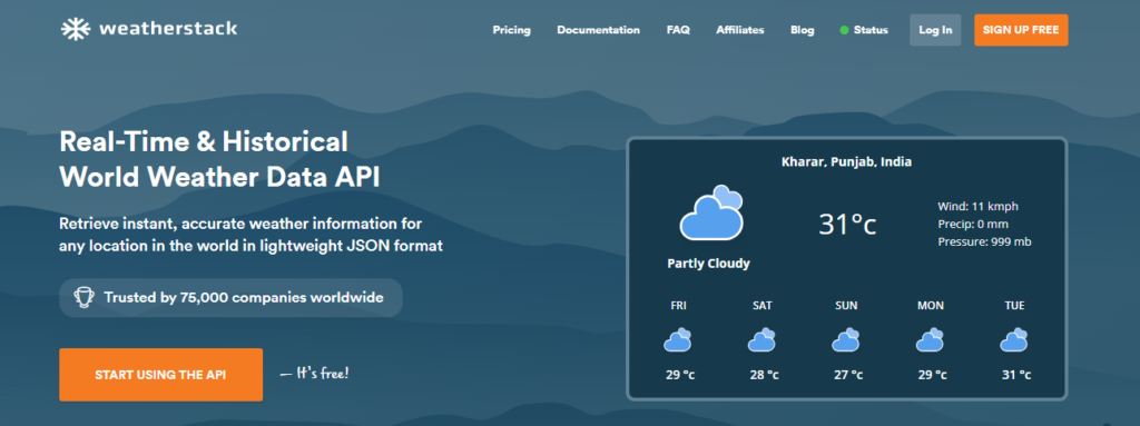 Weatherstack API Home Page providing accurate weather information
