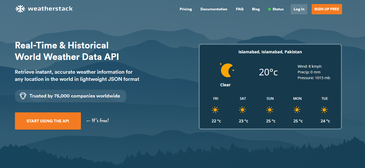 Weatherstack Weather API home page